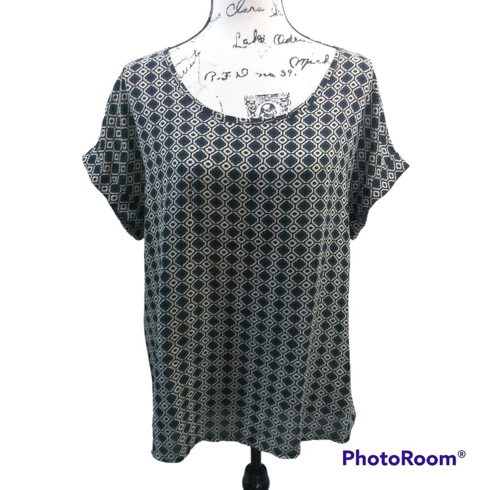 Pleione Black Blue Cuffed Sleeve Aztec Print Blouse Size M - Picture 1 of 7